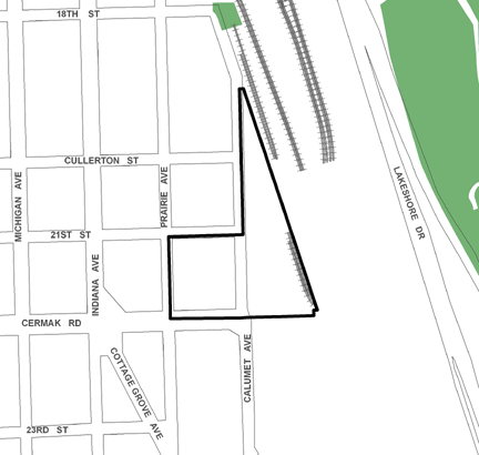 Calumet/Cermak TIF district map, roughly bounded on the north by 18th Street, Cermak Road on the south, the Canadian National/Illinois Central Railway tracks east of Calumet Avenue on the east, and Prairie Avenue on the west.